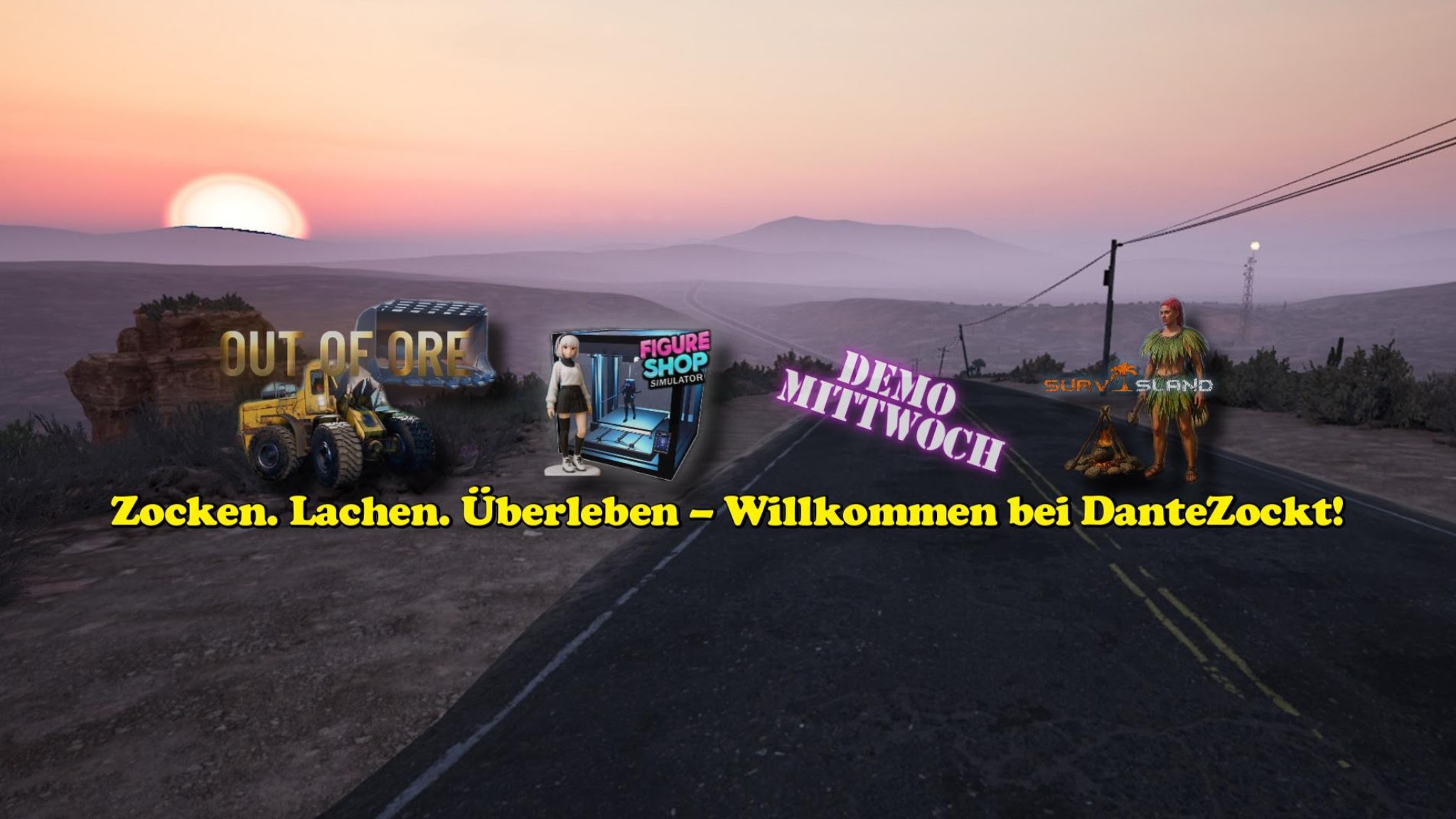 Cinematischer Sonnenuntergang über einer Wüstenstraße — das DanteZockt Kanal-Banner