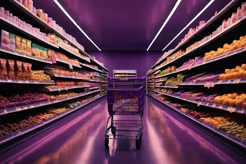 Supermarktgang bei Nacht mit Ember-Neon-Schildern