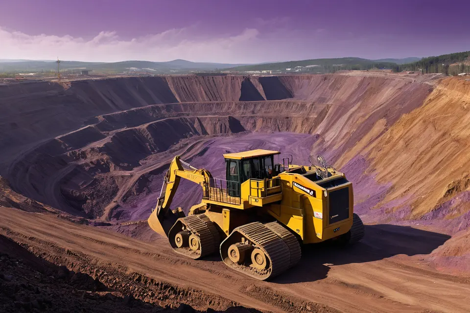 Leuchtende Erzadern in einer Mine, violette Kristalle im Ember-Streiflicht