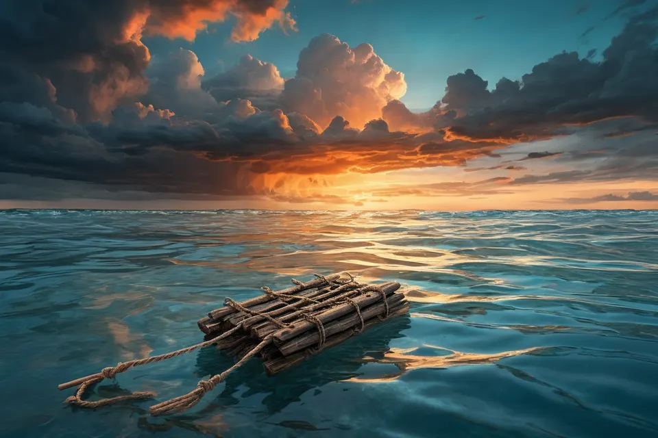 Kleines Floß auf offenem Meer bei Sonnenuntergang