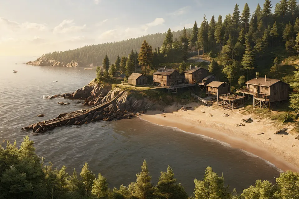Handgebautes Dorf in einer weitläufigen Sandbox-Landschaft